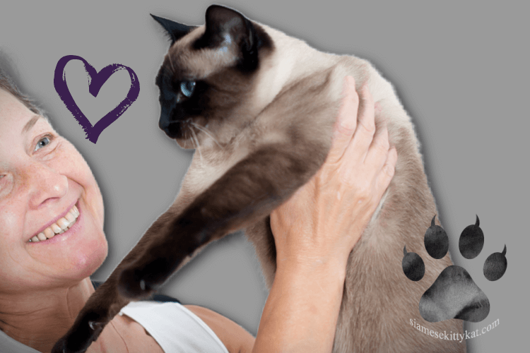 Siamese cat allowing its owner to lift him. His owner smiling back at him...