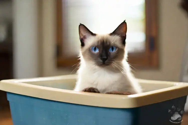 Photo of a Siamese cat using the litter box while staring at his owner. Photo generated by Katerina Gasset, owner and author of the Siamese Cat website...