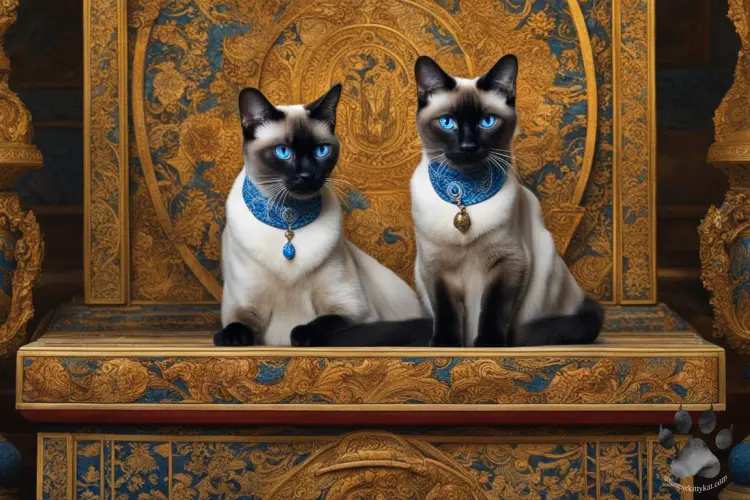 Image of two Siamese cats set in ancient Thailand showing how the features of the Siamese cats blend with old temple colors...