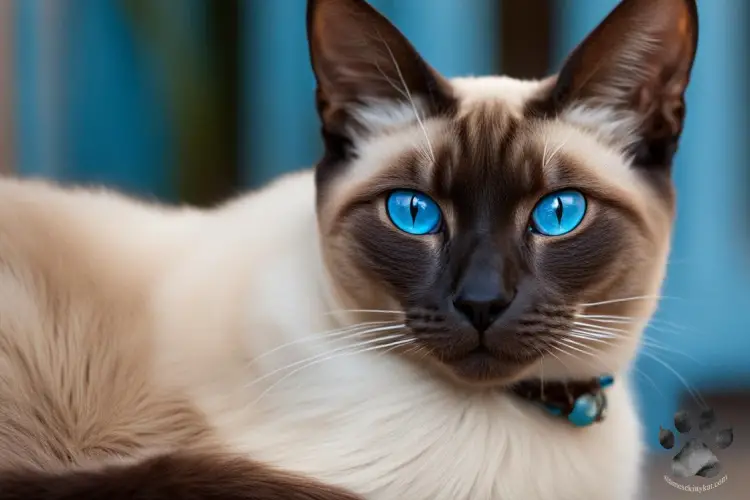 Siamese cat with blue eyes staring intently at the camera. Image created by Katerina Gasset, Siamese cat owner and author of the Siamese Cat website...