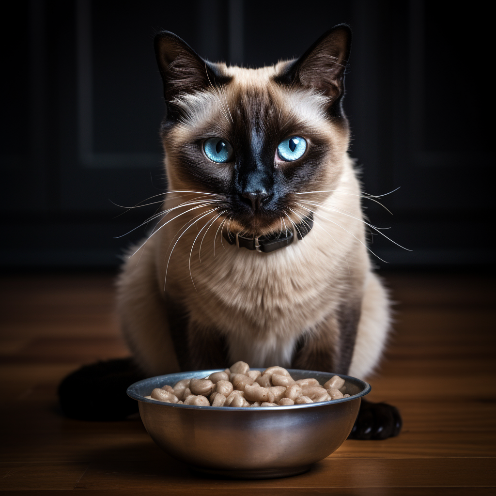 I created this image of a siamese cat eating cat food. 