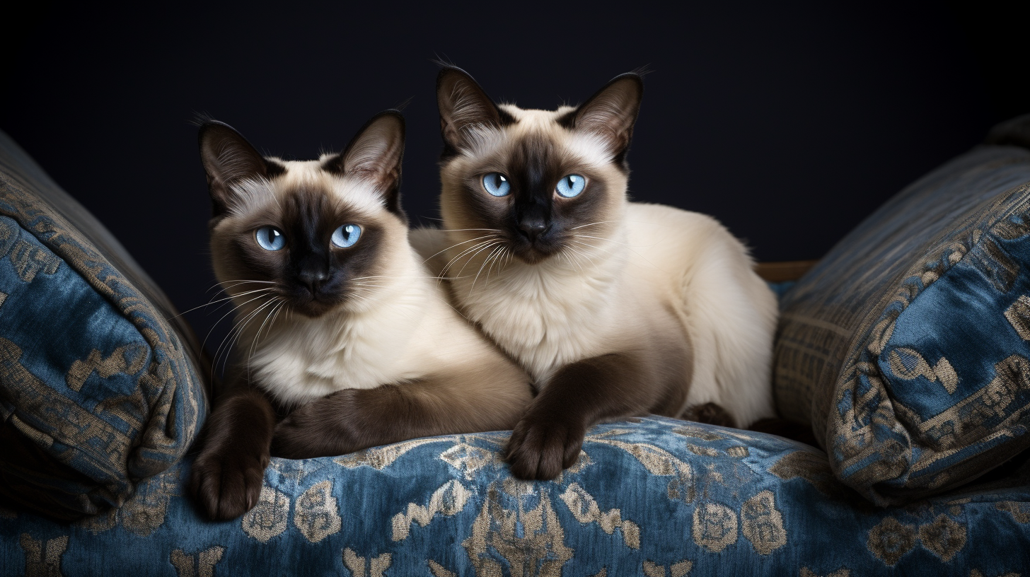 Created by Katerina Gasset author, image of 2 seal point siamese cats sitting on a couch with a dark background