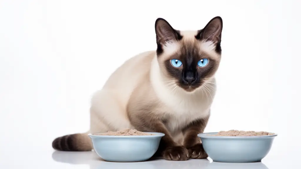 I created this image of a siamese cat next to bowls of dry cat food author is Katerina Gasset