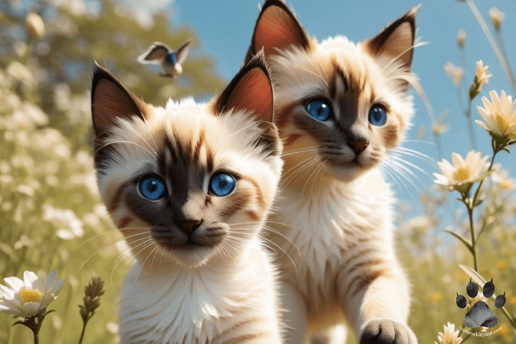 Siamese kittens roaming in a field full of flowers