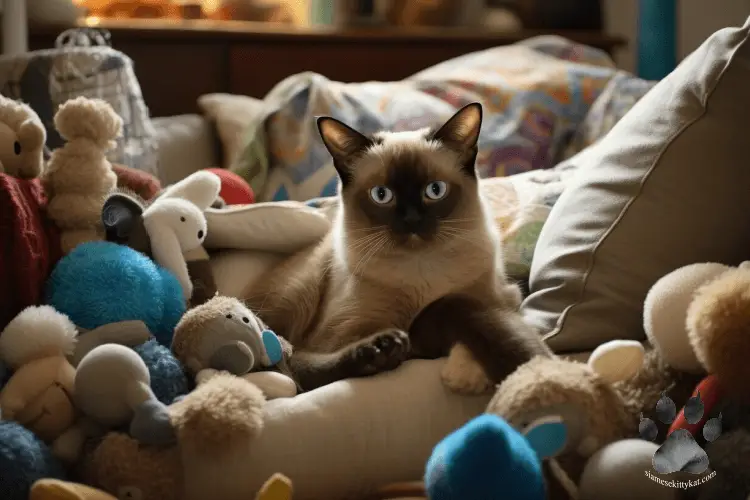 Chocolate Point Siamese cat surrounded with stuff toys and lying down on top of a pile of pillows