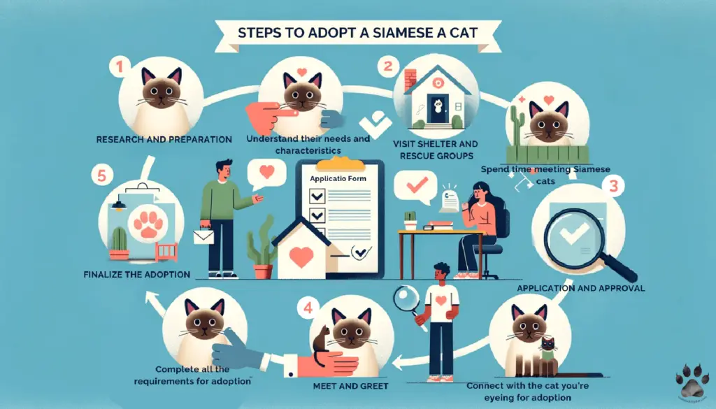 Infograph that enumerates the steps in adopting a Siamese cat