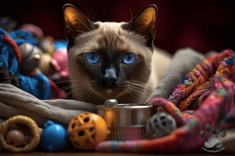 Siamese cat surrounded with toys and colorful fabrics