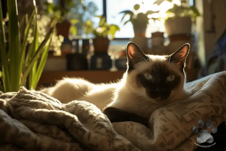 Siamese cat with blue eyes laying comfortably in a pile of sheets