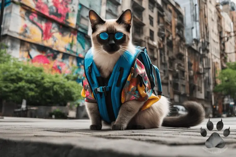 Siamese cat with a backpack and blue sunglasses in the middle of tall apartment buildings