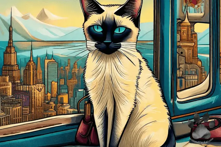 AI image of a Siamese cat in the middle of the city. Image generated by Katerina Gasset, experienced Siamese cat breeder and owner...