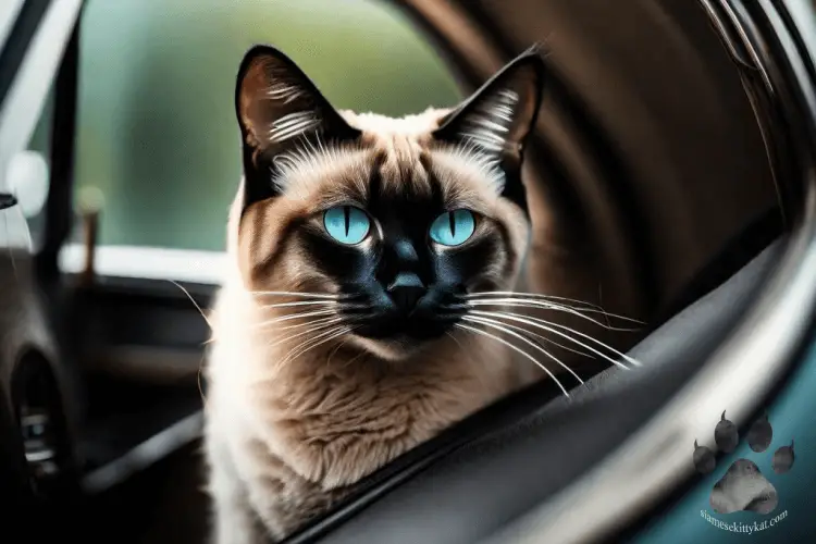 Siamese cat peeping out the window of a car...