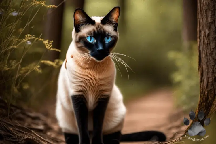 Siamese cat in the middle of the woods staring intently with its blue eyes. Its color points visible as it stands beside hardwood trees...