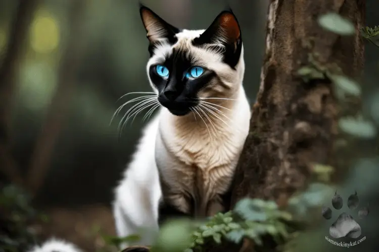 Siamese cat looking at the surroundings while on top of a tree...