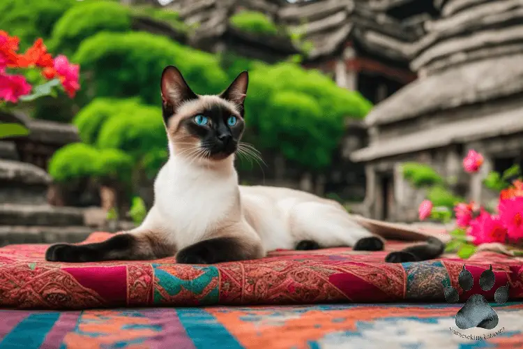 Siamese cat lying down on a mat with a temple that looks like a tourist spot