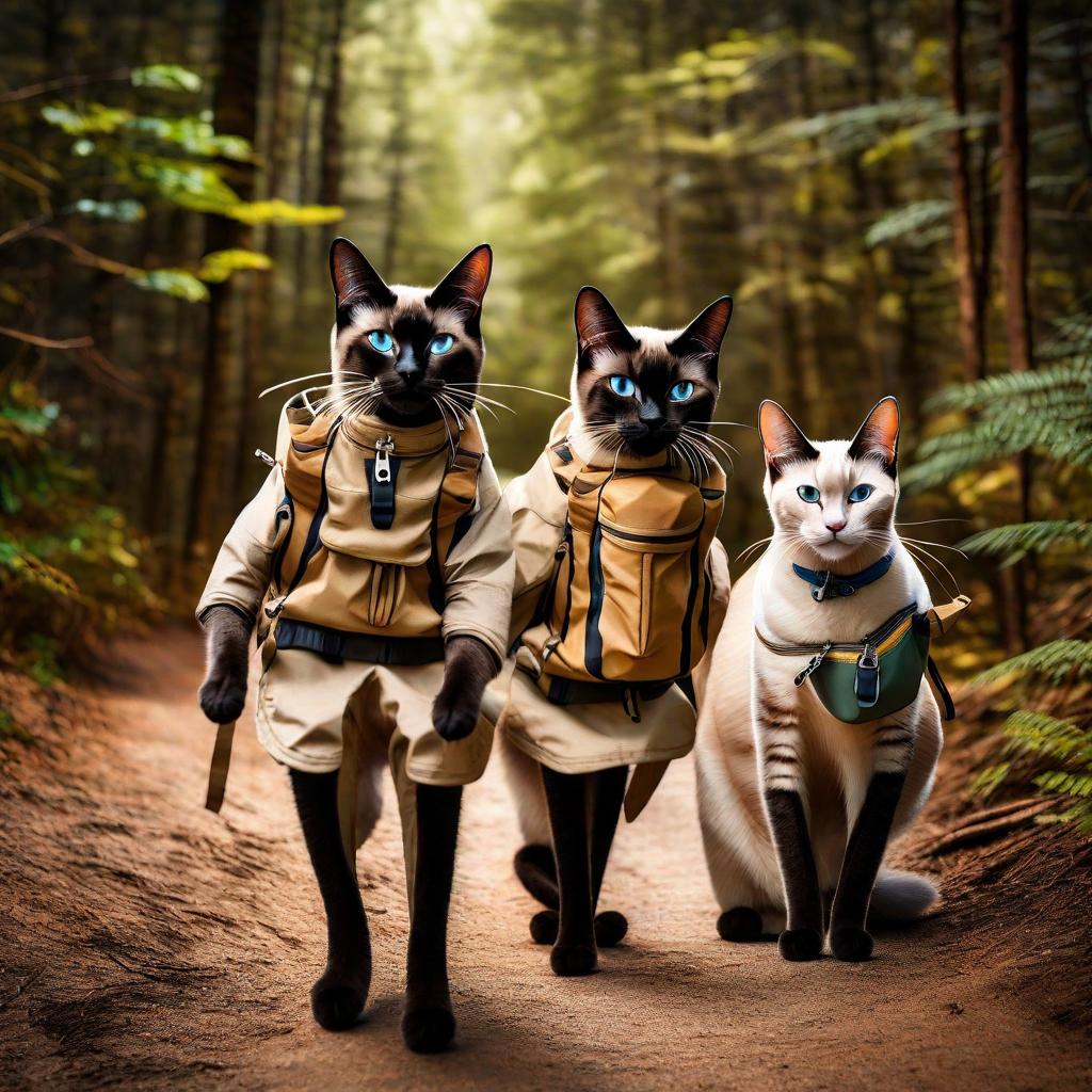 Photo of three Siamese cats exploring forests. AI image by Katerina Gasset, former Siamese cat breeder who currently owns two Siamese cats...