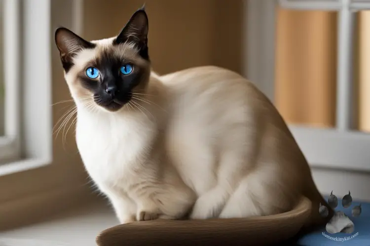 Siamese cat with cream colored fur and dark color points on the face looking intently at the camera with its blue eyes...