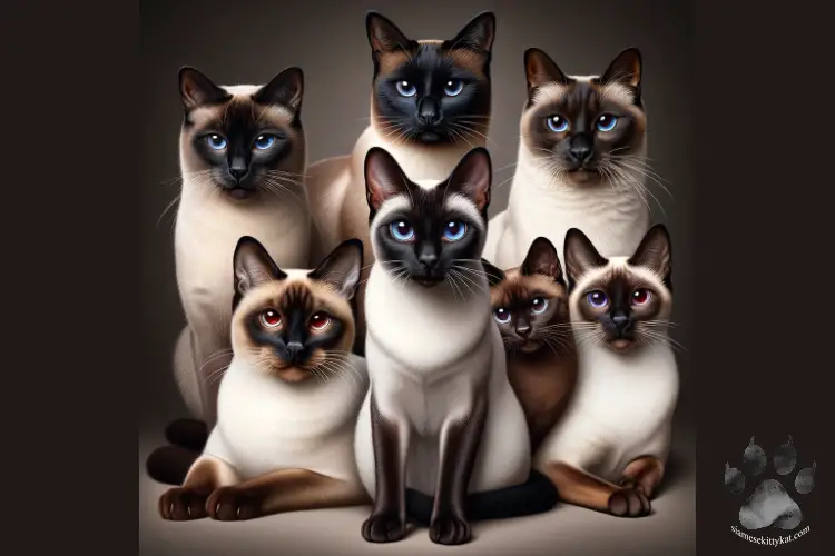 Photo showing Siamese cats with different color points...
