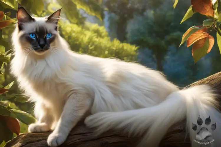 Photo of a Balinese cat with Siamese-like features such as blue eyes, cream colored coat, and color points on the face...