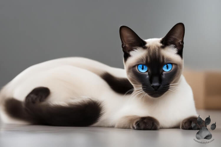 Siamese cat with blue eyes, white coat and dark colored points on paws, face and tail...