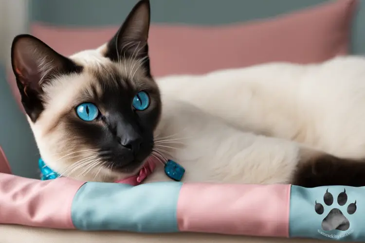 Siamese cat sitting on a cute pillow with blue and pink collar...