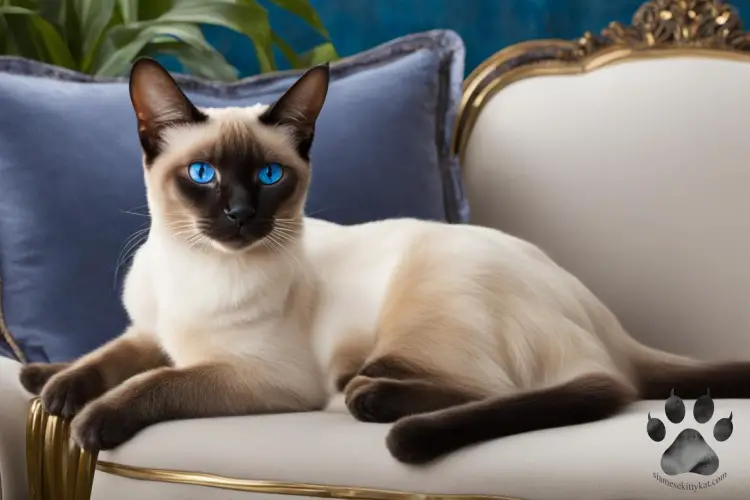 Photo of a Siamese cat with dark point colors and blue eyes sitting on a couch...