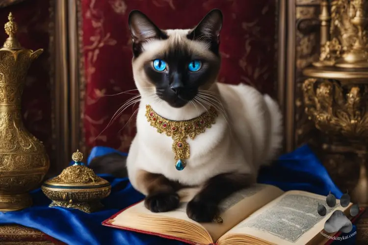 Siamese cat with gold necklace and books, signifying traditional cat names for Siamese cats...