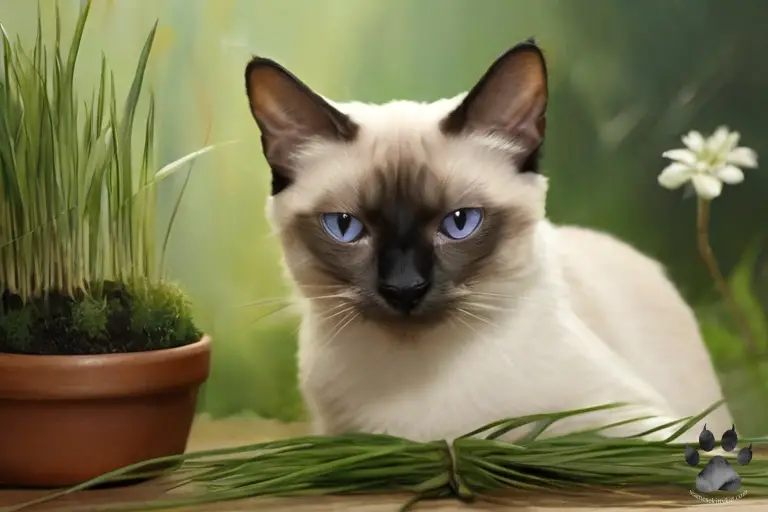 Image showing a Siamese cat wth a pile of cat grass in front of him. Photo by Katerina Gasset, Siamese cat owner and experienced cat breeder...