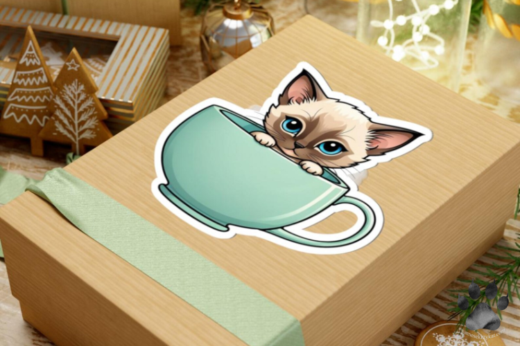 Siamese kitten peeking out of a cup sticker on a gift box, perfect for Gifts for Siamese Cat Lovers. Designed by Katerina Gasset, this cute sticker is great for decorating personal items and makes a wonderful gift....
