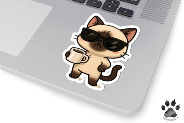 Siamese kitten sticker with a cute, smiling expression, placed on a laptop. Perfect for Siamese cat lovers, this Siamese Cat Sticker makes a great gift for cat enthusiasts. Designed by Katerina Gasset, owner of the Siamese Kitty Kat Website.