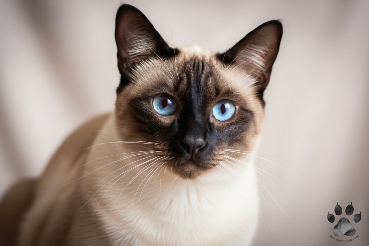 Healthy Siamese cat with striking blue eyes looking alert, representing ideal outcomes of proper Siamese cat care and petting. Shared by Katerina Gasset, owner of Siamese Kitty Kat.