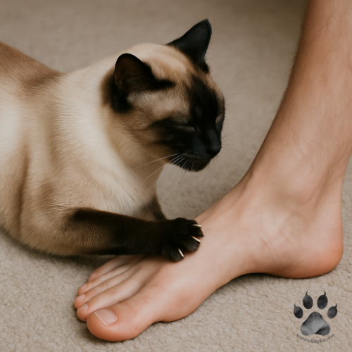 Siamese cat gently touching a human foot with its paw, illustrating affectionate behavior and gentle grooming tendencies as part of Siamese cat care, featured on Katerina Gasset's Siamese Kitty Kat website.