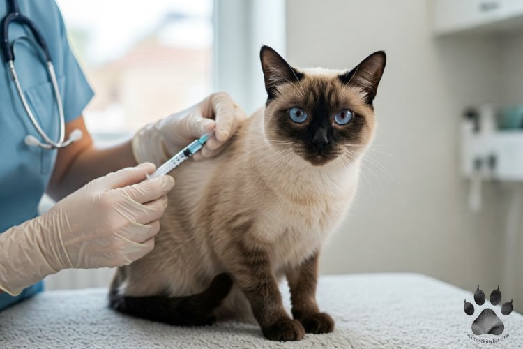 A Siamese cat being vaccinated at a veterinary clinic, highlighting the importance of rabies prevention and routine care for Siamese cats as promoted by Katerina Gasset, owner of the Siamese Kitty Kat website.