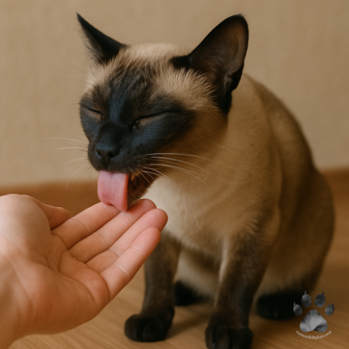 Close-up of a Siamese cat licking its owner's hand, highlighting the natural grooming habits of Siamese cats and raising the question of saliva cleanliness—an essential topic covered by Katerina Gasset on the Siamese Kitty Kat website.
