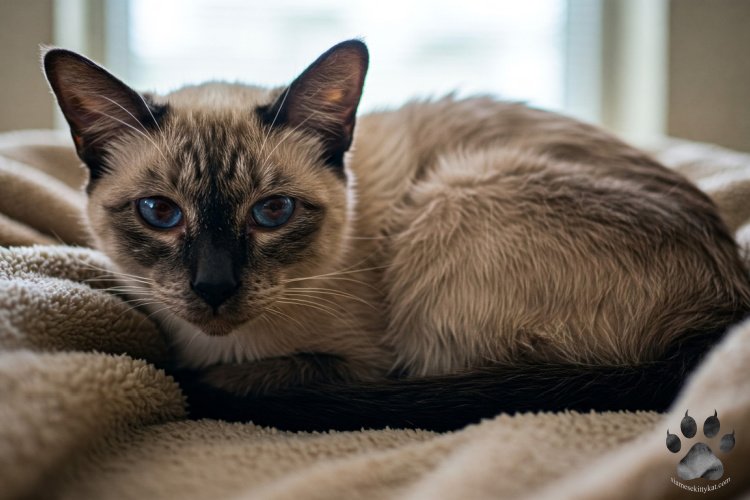 A calm Siamese cat resting on a cozy blanket, symbolizing early signs of rabies in Siamese cats and the importance of proper Siamese cat care by Katerina Gasset, owner of the Siamese Kitty Kat website.