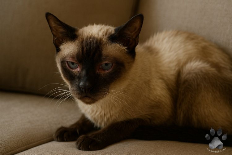 Sick Siamese cat showing signs of kidney disease, with tired red eyes while lying on a couch. Highlighting essential Siamese cat care tips by Katerina Gasset from the Siamese Kitty Kat website.