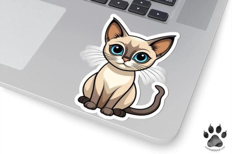 A playful Siamese kitten sticker featuring big blue eyes, placed on a laptop. This Siamese Cat Sticker is a fun gift for cat lovers, especially those who adore the adorable personality of Siamese cats...