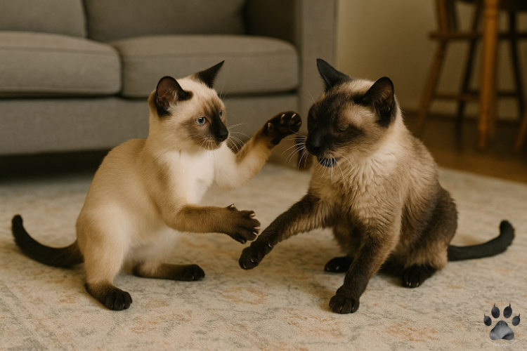 A young Siamese kitten and an older Siamese cat are playfully pawing at each other on a soft rug in a cozy living room. With their bright blue eyes and cream-to-brown fur, this image captures natural cat behavior and the friendly interaction between Siamese cats, perfect for search topics like multi-cat households or playful Siamese cat traits.