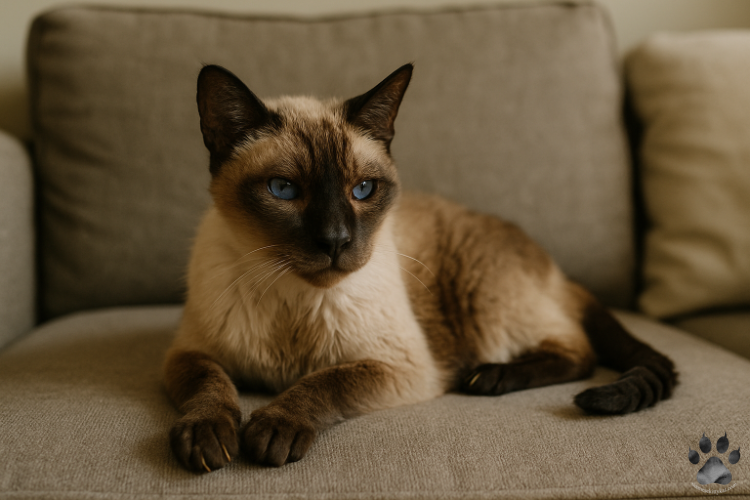 A senior Siamese cat resting peacefully on a couch. The cat's fur shows the usual fading seen in aging Siamese cats. Proper senior cat care includes managing health issues such as kidney disease and hearing loss, which are common in elderly Siamese cats.