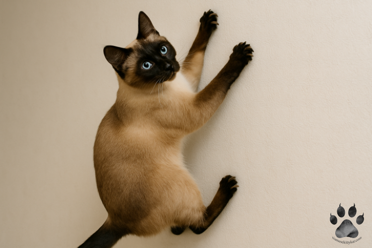 Siamese cat climbing a beige wall with all four paws extended, clearly displaying sharp claws and paw structure typical of the Siamese cat breed...