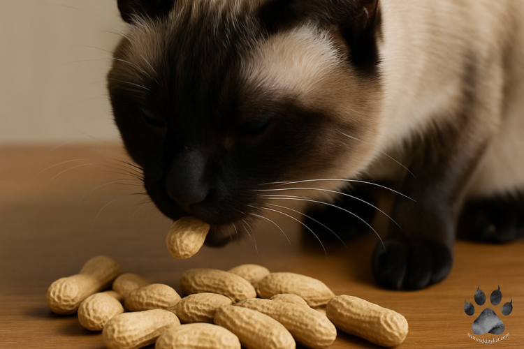 Image showing a chocolate point Siamese cats eating peanuts...