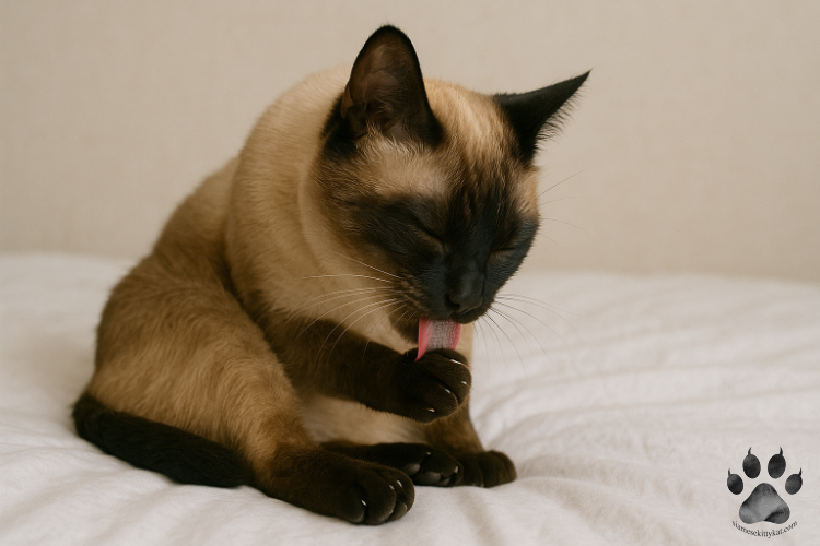 Siamese cat sitting on a bed, licking its front paw with a visible pink tongue, highlighting grooming habits and paw structure...