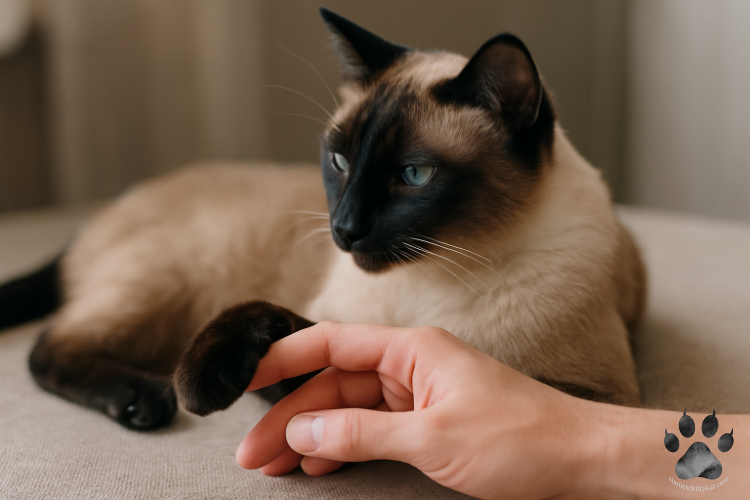 Close-up of a Siamese cat's paw gently touching a human finger, showing dark paw pads and smooth fur texture...