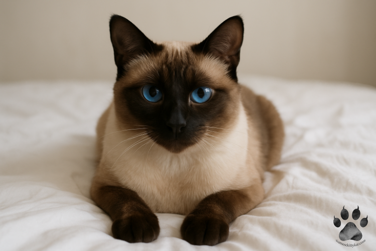 Close-up front view of a Siamese cat lying on a white bed with its front paws tucked under its chest and striking blue eyes staring forward, highlighting the symmetry and compactness of the paw anatomy in this elegant breed...