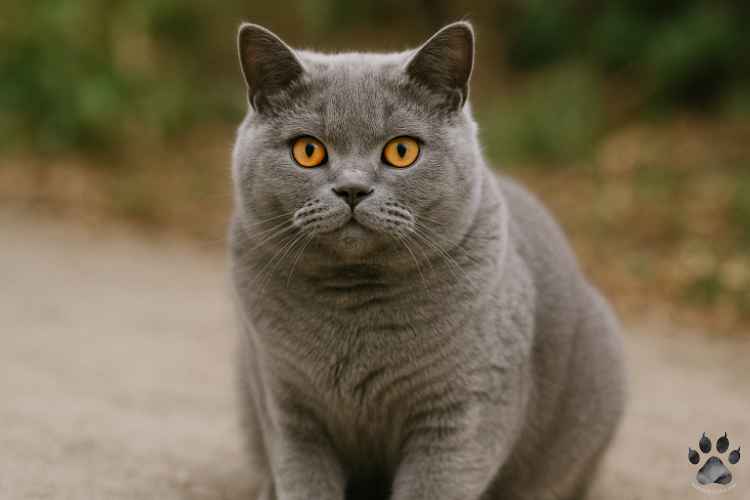 Realistic photo of a British Shorthair cat with dense gray fur and captivating amber eyes sitting on a textured surface. Great for pet-themed content, British Shorthair cat care guides, and breed features.
