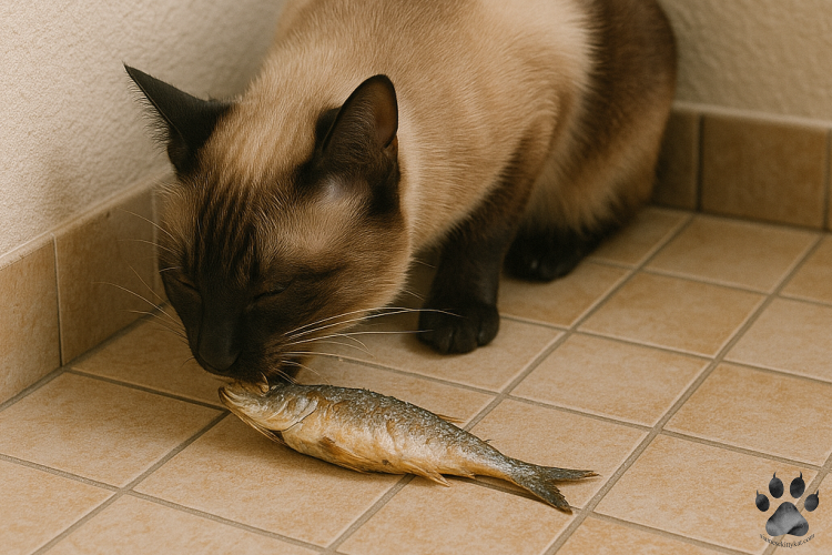 A Siamese cat crouched in the corner of a tiled room, peacefully eating a whole cooked fish placed on the floor.