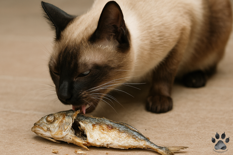 A Siamese cat crouched on a tiled floor, happily licking a cooked fish with intense focus.