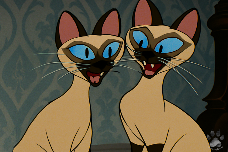 Illustration of two animated Siamese cats with blue eyes, known from a controversial song in classic animation.