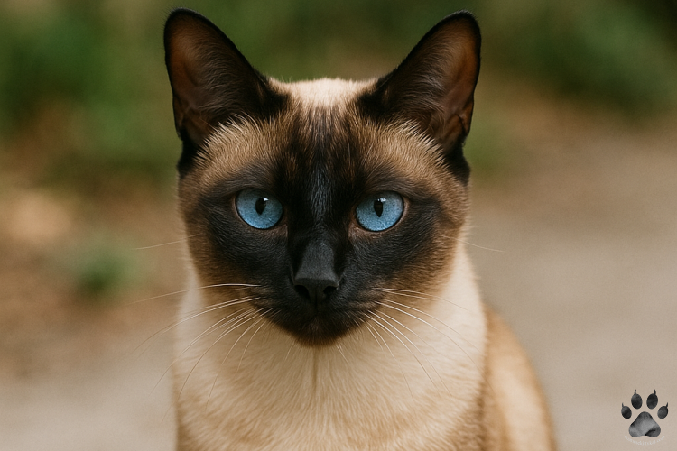 Close-up image of a beautiful Siamese cat with blue almond-shaped eyes, cream-colored coat, and dark facial markings. Ideal for Siamese cat lovers, pet websites, and feline breed articles.