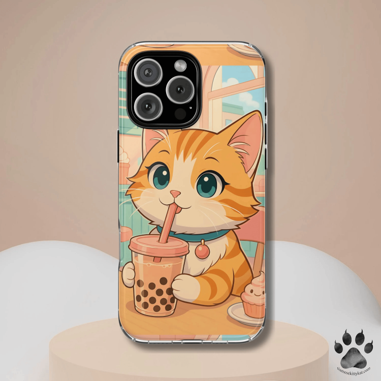 This kawaii boba cat phone case features an adorable orange tabby sipping bubble tea in a pastel-themed café, surrounded by soft colors, cupcakes, and cozy vibes.