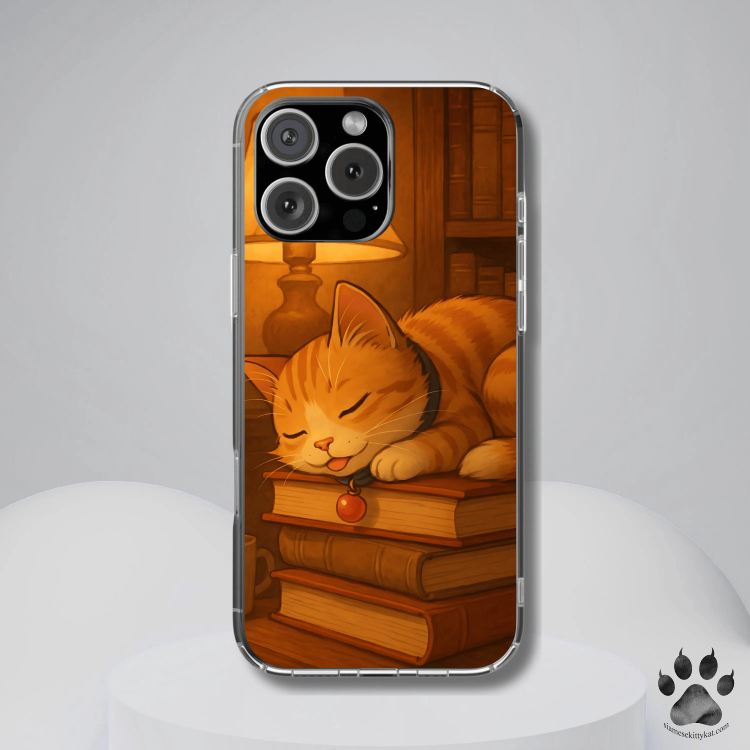 This bookish anime cat phone case features a peaceful orange tabby napping on a pile of old books in a softly lit library, surrounded by shelves, a glowing lamp, and a steaming cup of tea.